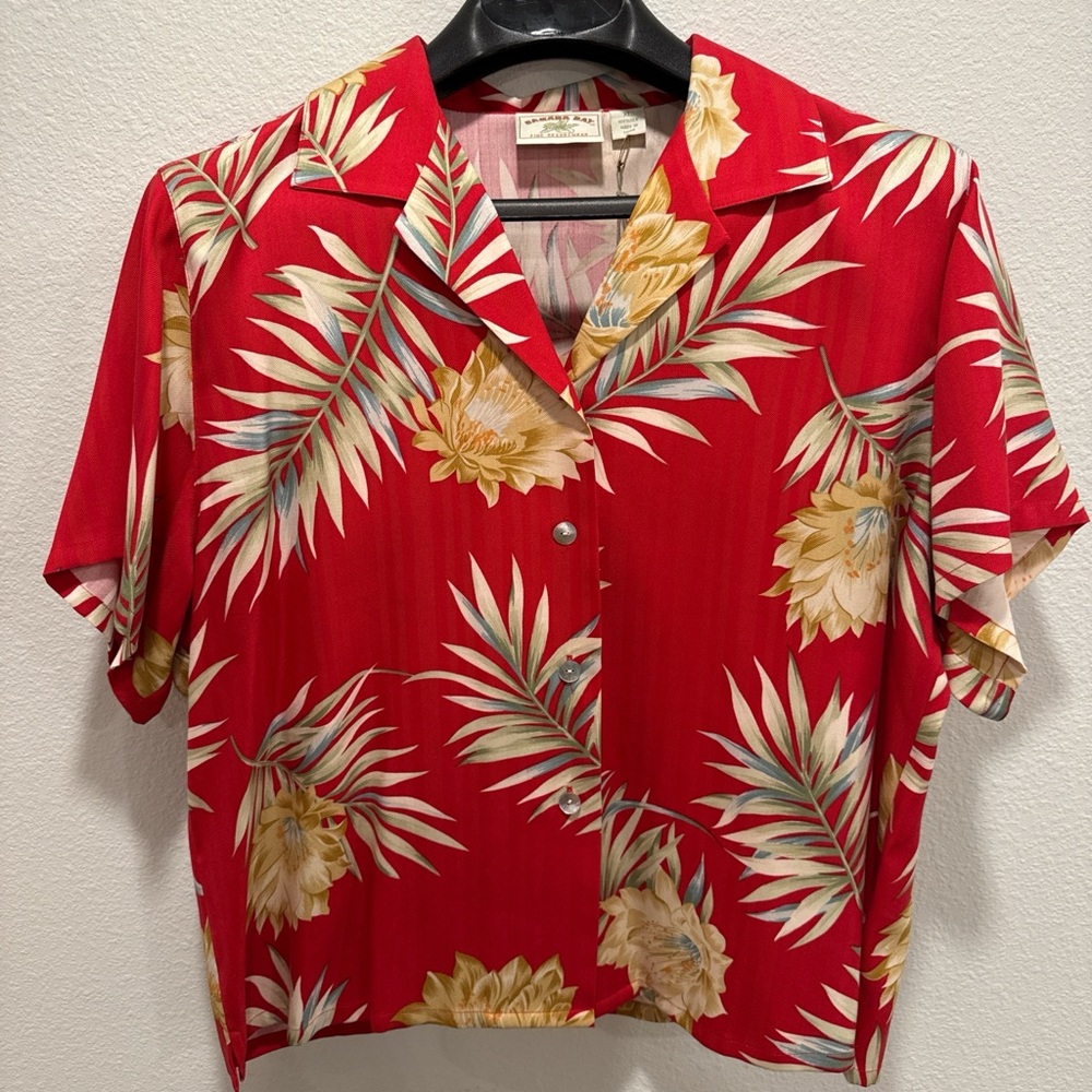 NWT Banana Bay Resort Wear Red & Tan Palm Frond Silk Hawaiian Shirt XL